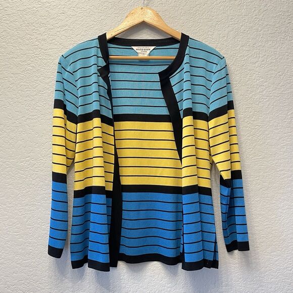 Misook Retro Y2K Colorful Striped Long Sleeve Open Front Cardigan Sweater Sz M - Picture 2 of 7